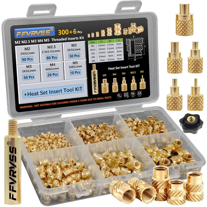 FFVRVSS 300+6Pcs M2 M2.5 M3 M4 M5 Premium Brass Threaded Inserts, Metric Brass Knurled Nuts Assortment Kit, with Heat Set Insert Tool, for Plastic and 3D Printing Components, All-in-one Solutions - Image 1